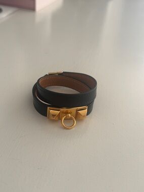 Hermes Black Leather Rivale  Double Tour Bracelet with Gold Ring Hardware